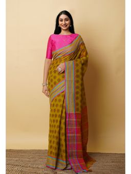 Unnati Silks - Mehind Green Pure Block Printed Mangalgiri Cotton Saree with Unstitched Blouse-UNM76927
