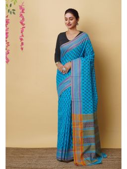 Unnati Silks - Blue Pure Block Printed Mangalgiri Cotton Saree with Unstitched Blouse-UNM76928