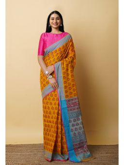 Unnati Silks - Yellow Pure Block Printed Mangalgiri Cotton Saree with Unstitched Blouse-UNM76929
