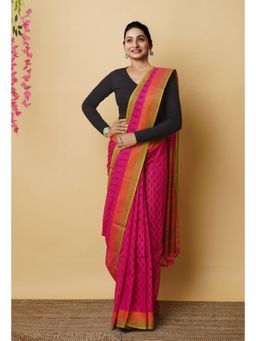 Unnati Silks - Pink Pure Block Printed Mangalgiri Cotton Saree with Unstitched Blouse-UNM76930