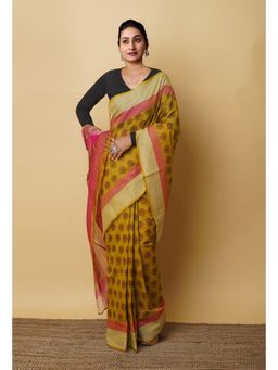 Unnati Silks - Mehind Green Pure Block Printed Mangalgiri Cotton Saree with Unstitched Blouse-UNM76931