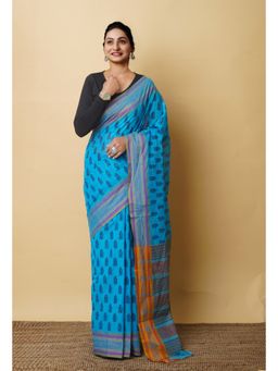 Unnati Silks - Blue Pure Block Printed Mangalgiri Cotton Saree with Unstitched Blouse-UNM76932