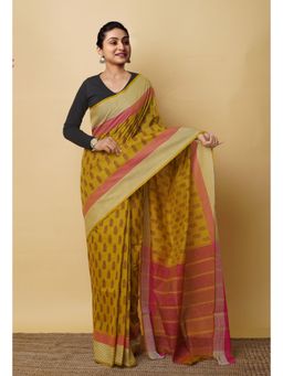 Unnati Silks - Mehind Green Pure Block Printed Mangalgiri Cotton Saree with Unstitched Blouse-UNM76933