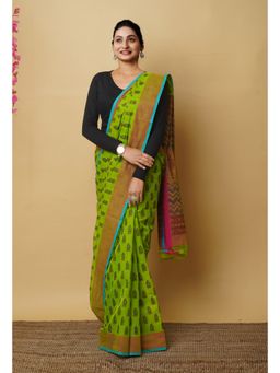 Unnati Silks - Green Pure Block Printed Mangalgiri Cotton Saree with Unstitched Blouse-UNM76934