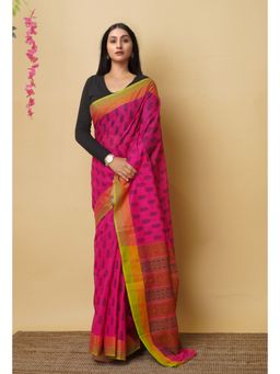 Unnati Silks - Pink Pure Block Printed Mangalgiri Cotton Saree with Unstitched Blouse-UNM76935