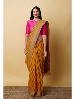Unnati Silks - Yellow Pure Block Printed Mangalgiri Cotton Saree with Unstitched Blouse-UNM76936