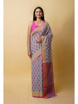 Unnati Silks - Grey Pure Block Printed Mangalgiri Cotton Saree with Unstitched Blouse-UNM76937