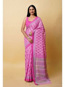 Unnati Silks - Pink Pure Block Printed Mangalgiri Cotton Saree with Unstitched Blouse-UNM76938