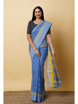 Unnati Silks - Blue Pure Block Printed Mangalgiri Cotton Saree with Unstitched Blouse-UNM76939