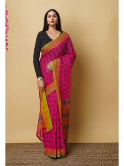 Unnati Silks - Pink Pure Block Printed Mangalgiri Cotton Saree with Unstitched Blouse-UNM76941