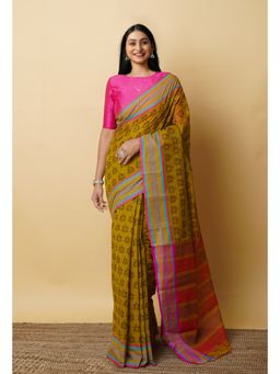 Unnati Silks - Mehind Green Pure Block Printed Mangalgiri Cotton Saree with Unstitched Blouse-UNM76942