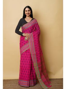 Unnati Silks - Pink Pure Block Printed Mangalgiri Cotton Saree with Unstitched Blouse-UNM76943