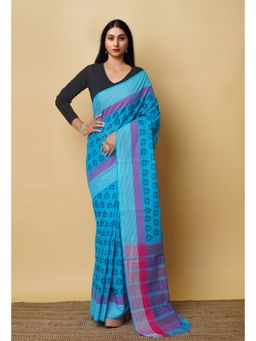 Unnati Silks - Blue Pure Block Printed Mangalgiri Cotton Saree with Unstitched Blouse-UNM76944