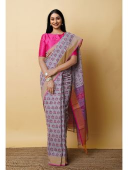 Unnati Silks - Grey Pure Block Printed Mangalgiri Cotton Saree with Unstitched Blouse-UNM76945
