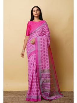 Unnati Silks - Pink Pure Block Printed Mangalgiri Cotton Saree with Unstitched Blouse-UNM76946