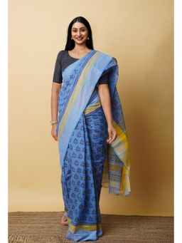 Unnati Silks - Blue Pure Block Printed Mangalgiri Cotton Saree with Unstitched Blouse-UNM76948