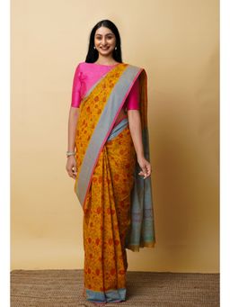 Unnati Silks - Yellow Pure Block Printed Mangalgiri Cotton Saree with Unstitched Blouse-UNM76949