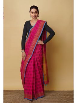 Unnati Silks - Pink Pure Block Printed Mangalgiri Cotton Saree with Unstitched Blouse-UNM76950