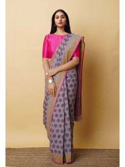 Unnati Silks - Grey Pure Block Printed Mangalgiri Cotton Saree with Unstitched Blouse-UNM76951