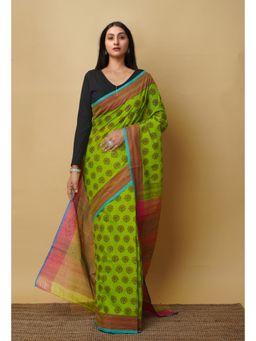 Unnati Silks - Green Pure Block Printed Mangalgiri Cotton Saree with Unstitched Blouse-UNM76952