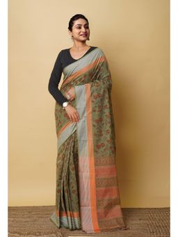 Unnati Silks - Green Pure Block Printed Mangalgiri Cotton Saree with Unstitched Blouse-UNM76953