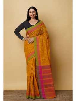 Unnati Silks - Yellow Pure Block Printed Mangalgiri Cotton Saree with Unstitched Blouse-UNM76954