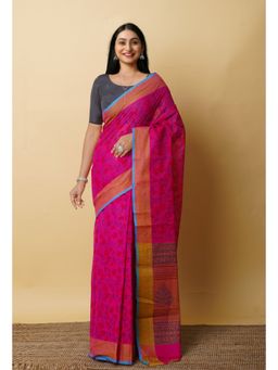 Unnati Silks - Pink Pure Block Printed Mangalgiri Cotton Saree with Unstitched Blouse-UNM76955