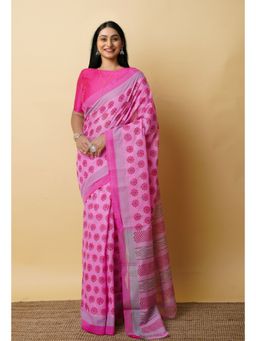 Unnati Silks - Pink Pure Block Printed Mangalgiri Cotton Saree with Unstitched Blouse-UNM76973