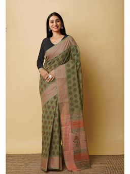 Unnati Silks - Green Pure Block Printed Mangalgiri Cotton Saree with Unstitched Blouse-UNM76974
