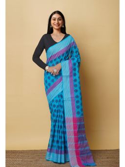 Unnati Silks - Blue Pure Block Printed Mangalgiri Cotton Saree with Unstitched Blouse-UNM76975