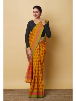 Unnati Silks - Yellow Pure Block Printed Mangalgiri Cotton Saree with Unstitched Blouse-UNM76976