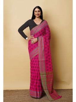 Unnati Silks - Pink Pure Block Printed Mangalgiri Cotton Saree with Unstitched Blouse-UNM76977
