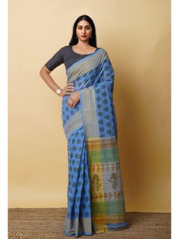 Unnati Silks - Blue Pure Block Printed Mangalgiri Cotton Saree with Unstitched Blouse-UNM76978