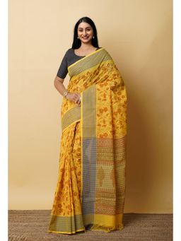 Unnati Silks - Yellow Pure Printed Mangalgiri Cotton Saree with Unstitched Blouse-UNM76979