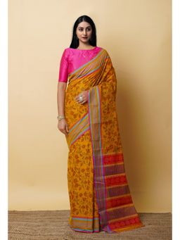 Unnati Silks - Yellow Pure Printed Mangalgiri Cotton Saree with Unstitched Blouse-UNM76982