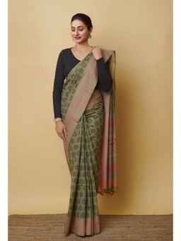 Unnati Silks - Green Pure Block Printed Mangalgiri Cotton Saree with Unstitched Blouse-UNM76986