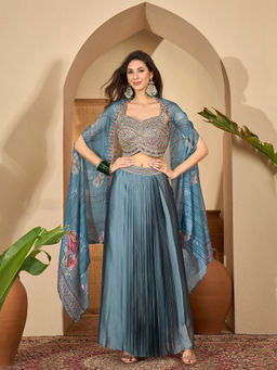 Stylum - Blue Embroidered Satin Draped Choli With Lehenga & Shrug