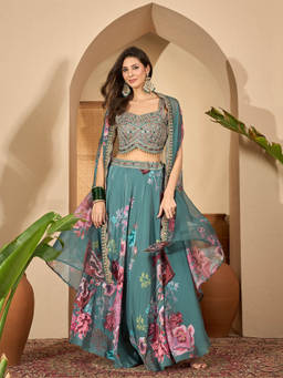 Stylum - Green Embroidered Satin Choli With Lehenga & Shrug