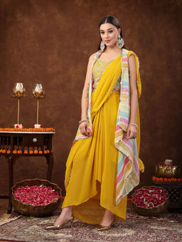 Stylum - Mustard Solid Georgette Draped Choli With Lehenga With Shrug