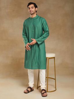 Fabindia - Green Viscose Silk Pintucks Long Kurta