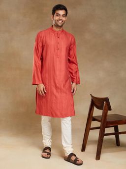 Fabindia - Red Viscose Silk Pintucks Long Kurta
