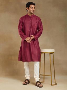 Fabindia - Burgundy Viscose Blend Dobby Long Kurta