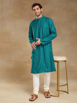 Fabindia - Teal Viscose Silk Slim Fit Long Kurta