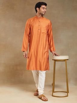 Fabindia - Orange Viscose Blend Dobby Slim Fit Long Kurta