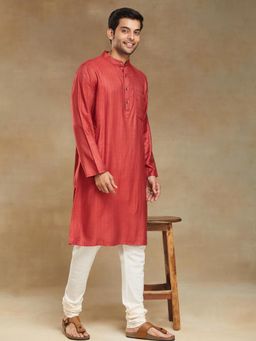 Fabindia - Red Viscose Blend Dobby Slim Fit Long Kurta