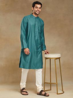 Fabindia - Teal Viscose Blend Dobby Long Kurta