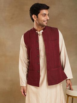 Fabindia - Maroon Cotton Dobby Nehru Jacket