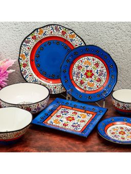 EZ Life - Nordic Small 8 Inch Ceramic Plate Blue & Red Pack Of 6