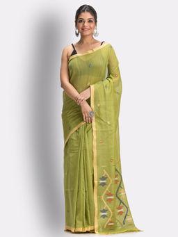 Angoshobha - Lime Green Handloom Cotton Jamdani Saree with Unstitched Blouse