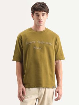 Rare Rabbit - Olive Cotton Regular Fit Embroidered T-Shirt